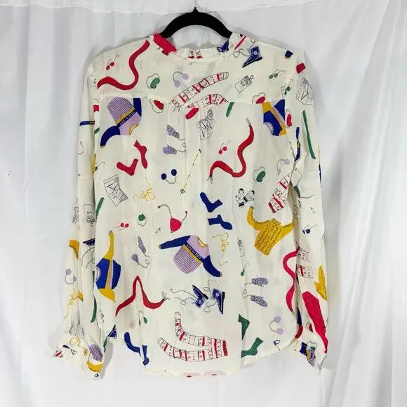 Anthropologie Maeve Marisol Ruffled Blouse 6P Ski Print Button Front snow - Picture 3 of 7